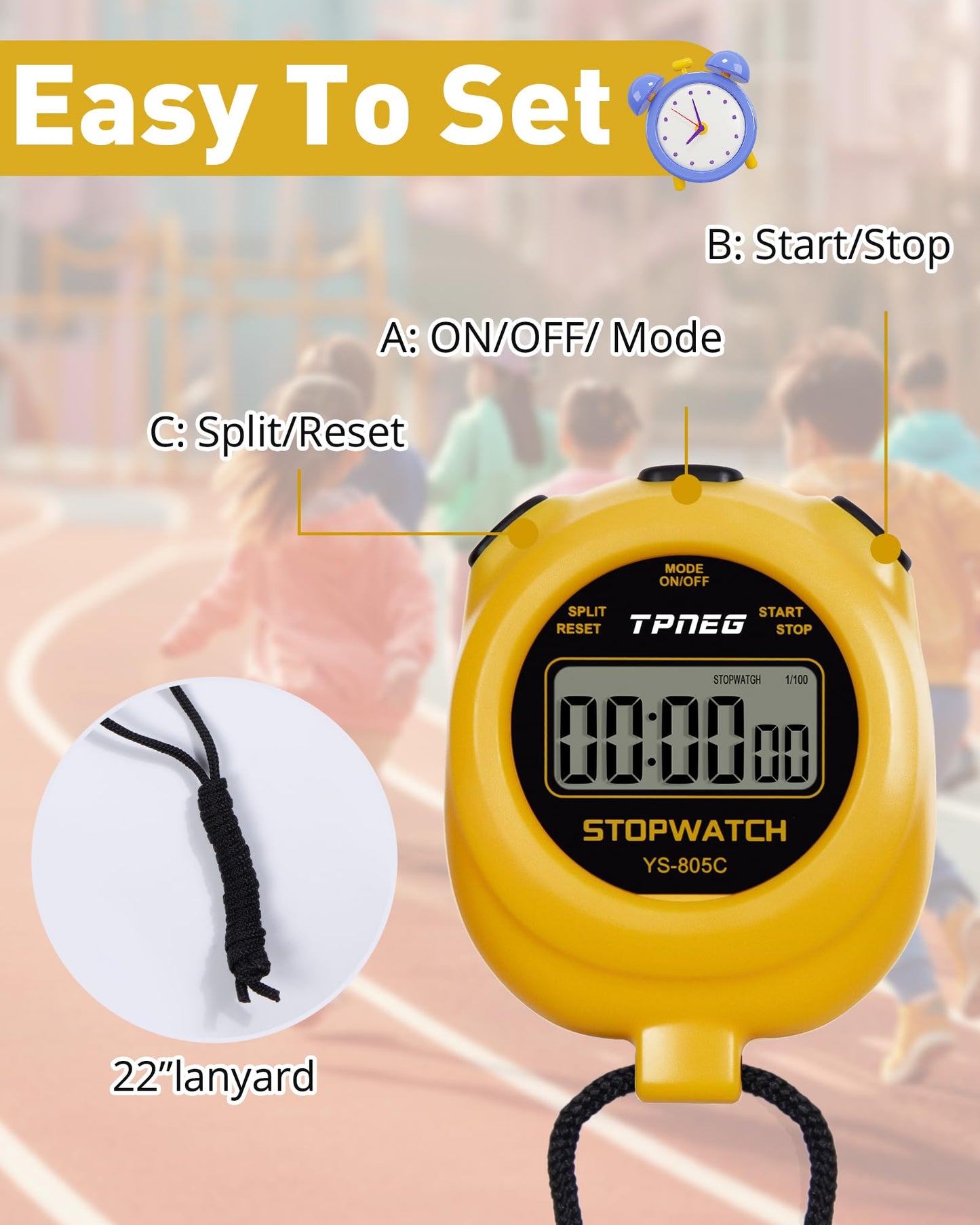 TPNEG Simple Stopwatch Timer - Easy to Use, Set Up, Read, and Carry - Large Display - On/Off, AAA Battery, No Hourly Beep - Ideal for Kids, Track and Field, Sports, Classroom - Stopwatches for Coaches