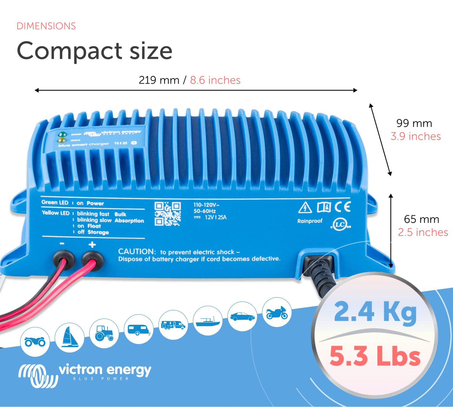 Victron Energy Blue Smart Marine Battery Charger – IP67 – Float, Trickle Charger & Desulfator for Boat, ATV, RV, Lithium & Deep Cycle Batteries - 12V 25A