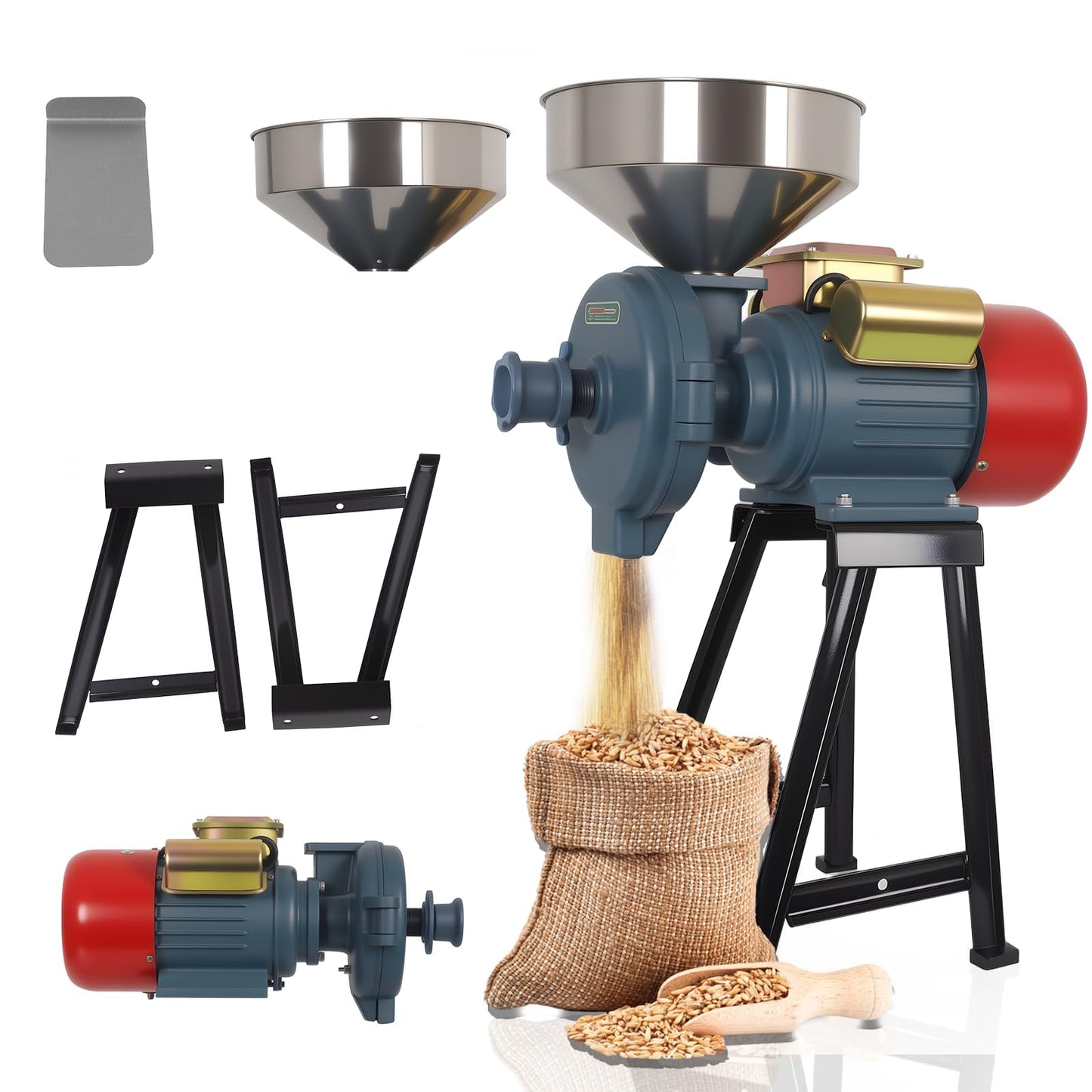 Vohala 3000W Grain Mill Grinder, Commercial Dry Wet Cereals Milling Machine with Cooling Ventilation Hood, Adjustable Thickness Stainless Steel Hopper, for Feed Flour Rice Grinding