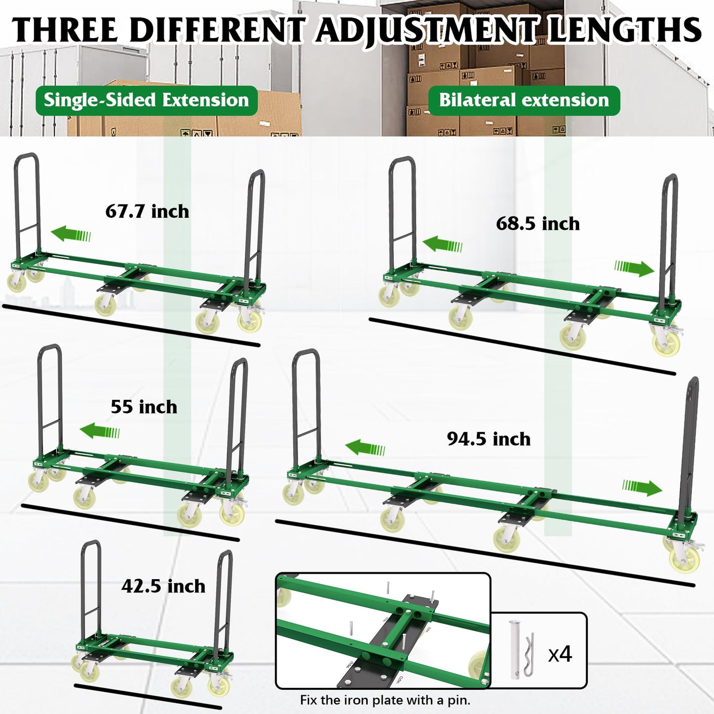 Heavy Duty Furniture Moving Dolly Cart, 1322 LBS High Capacity 8-Wheel Extendable Hand Truck, 42.5-94.5 Inch Adjustable Industrial Platform Cart with 6M Strap for Warehouse Large Appliance Bulk Goods