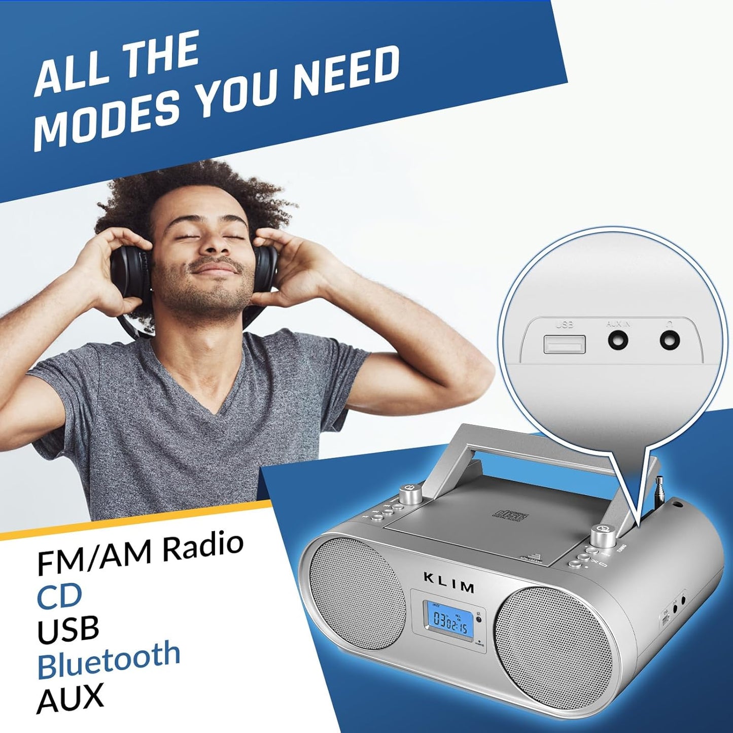 KLIM B4 MP3, Boombox CD Player Portable Audio System - AM/FM Radio with CD Player, Bluetooth, AUX, USB - Wired