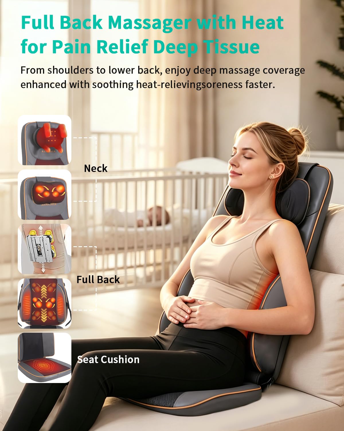 MAIBOLE Shiatsu Neck and Back Massage with Heat - 4D Deep Tissue Kneading Full-Back Massager for Relief Fatigue, Adjustable Intensity & Height for Holiday Gift