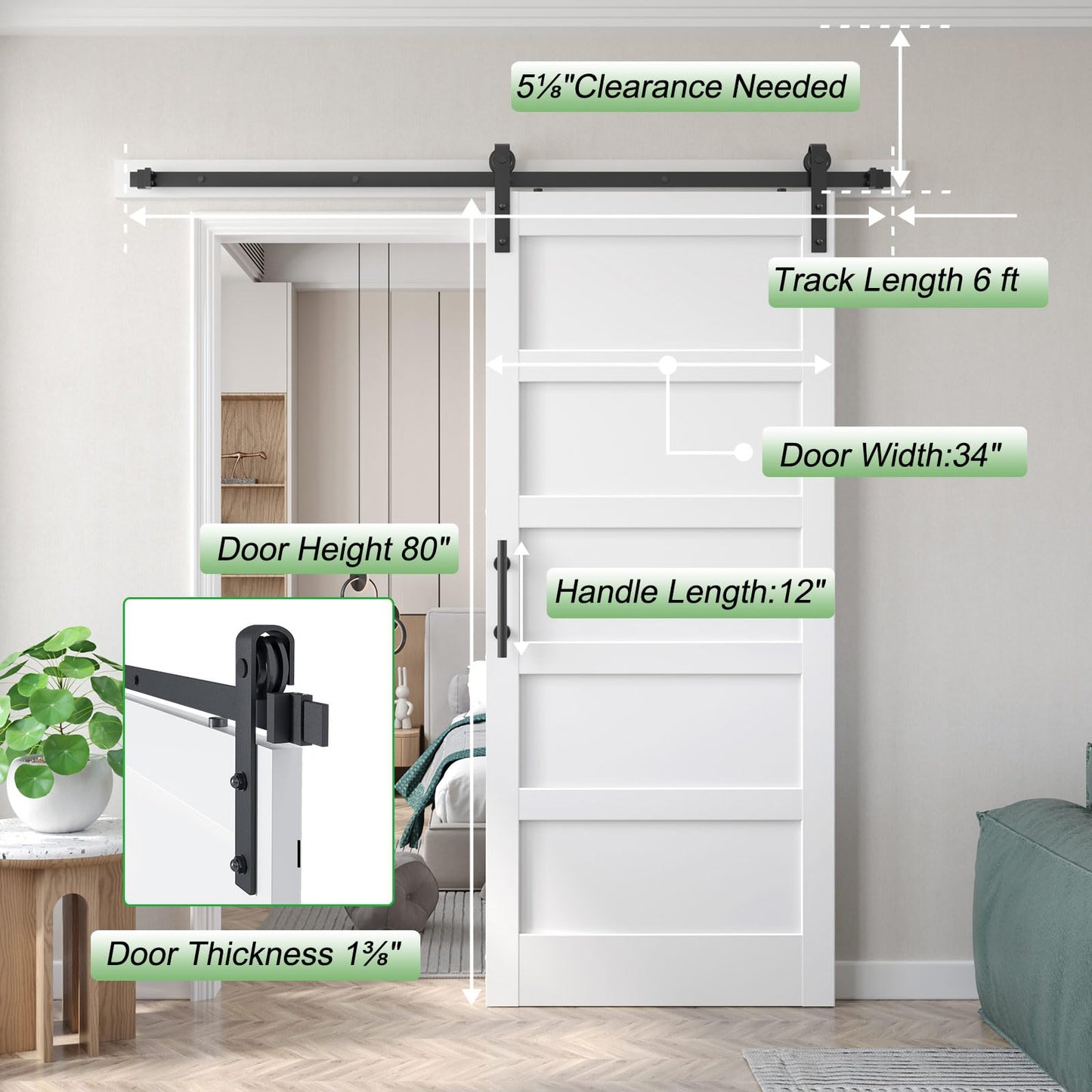 Fredbeck 34x80 inch White Barn Door with 6 FT Sliding Door Hardware Kit Included & Handle,MDF,Solid PVC Surface,DIY Assembly,5-Panel