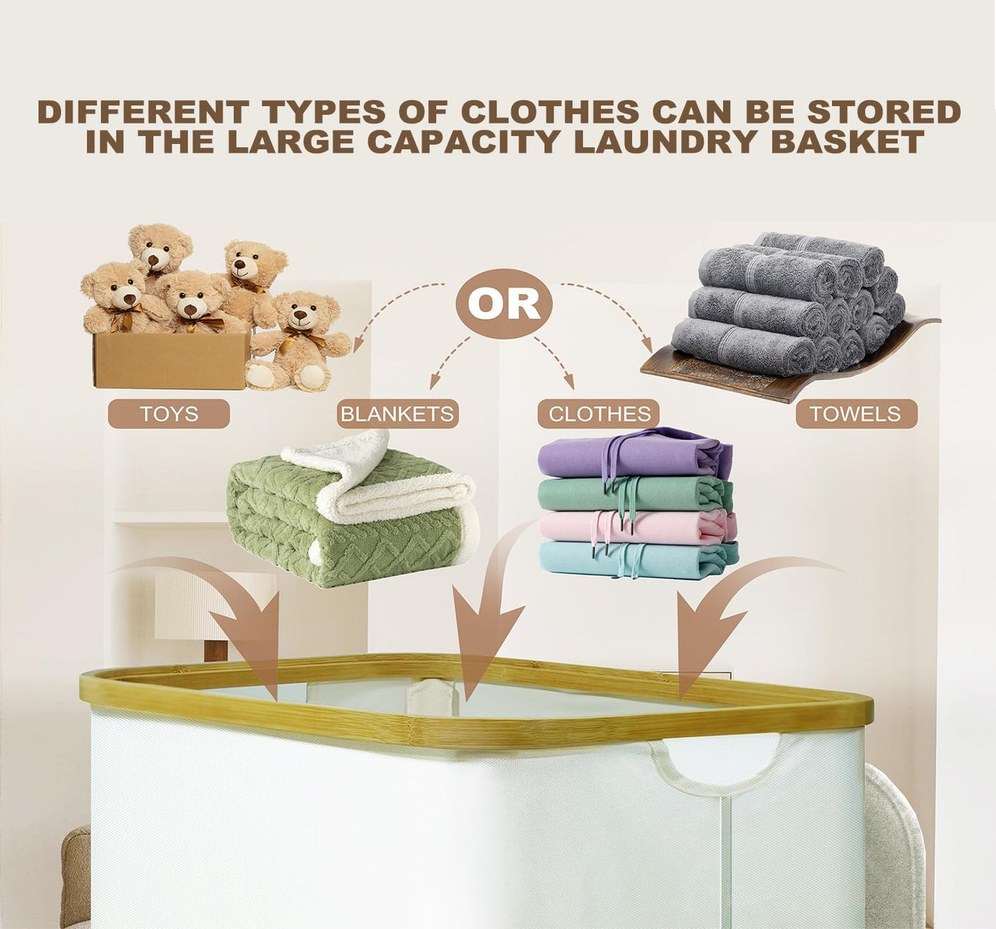 Bamboo Laundry Hamper - 88L Collapsible Basket with Lid & Handle | Waterproof Organizer for Bedroom & Bathroom (White)