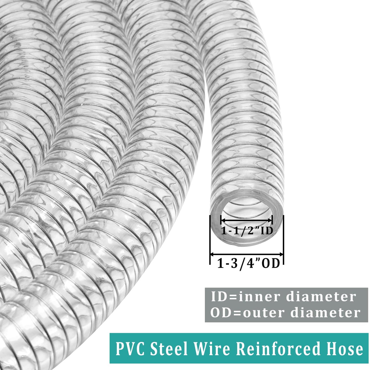 Flexible Hose 1 1/2" id - 50ft Clear PVC Spiral Steel Wire Reinforced Vinyl Tubing 1.5 inch Plastic Vacuum Pipe Flex Suction Hose for Dust Collection Boat Marine Pump, Drain Water Fuel Gas