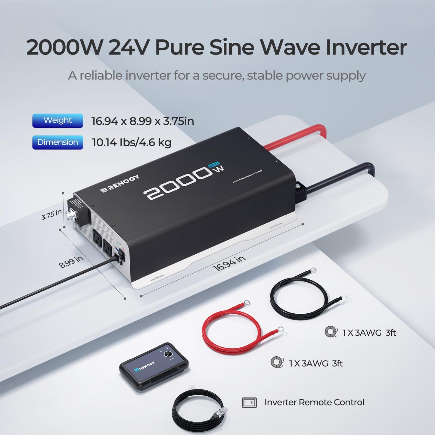 Renogy 2000W 24V Pure Sine Wave Inverter, 4000W Peak Power, 92% Energy Efficiency, with 2 AC Outputs, Remote Control, RV Truck Marine Camping