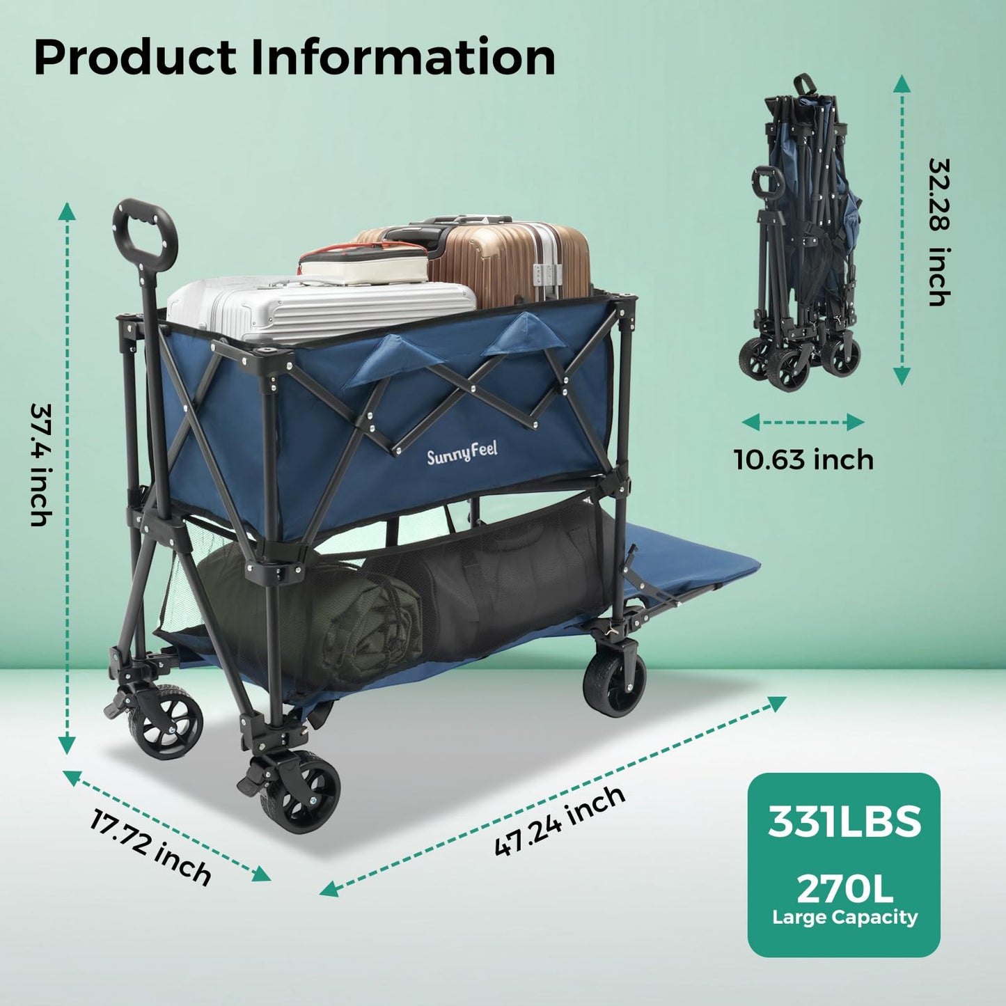SUNNYFEEL Lightweight 47''L Double Decker Wagon for Sport, 270L Collapsible Wagon Cart,331lbs Collapsible Outdoor Utility Wagon Cart for Shopping Garden Camping,Blue-Lightweight
