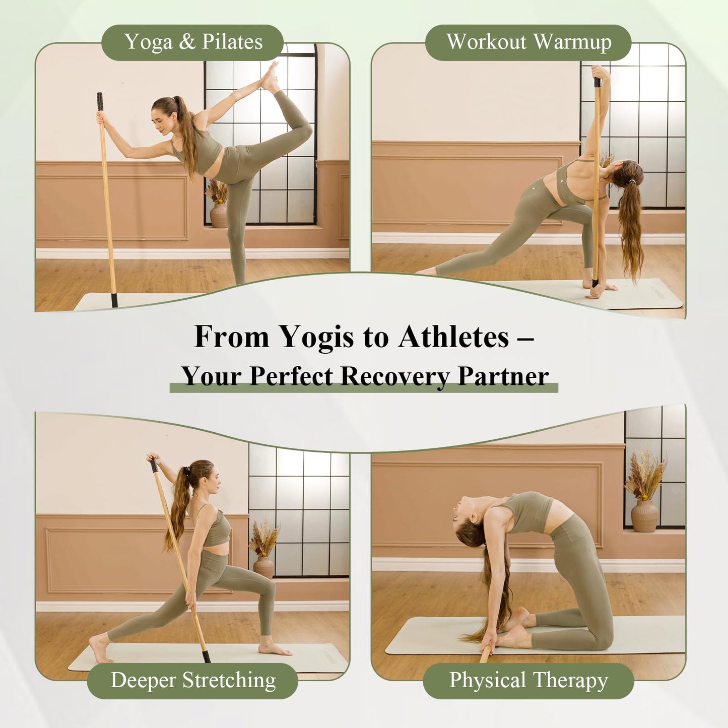 PAETA Yoga Stick for Stretching, 5ft Exercise Stick for Mobility & Flexibility, Bamboo Stretch Bar and Posture Pole with Non-Slip Grip - Includes Free Video Guide