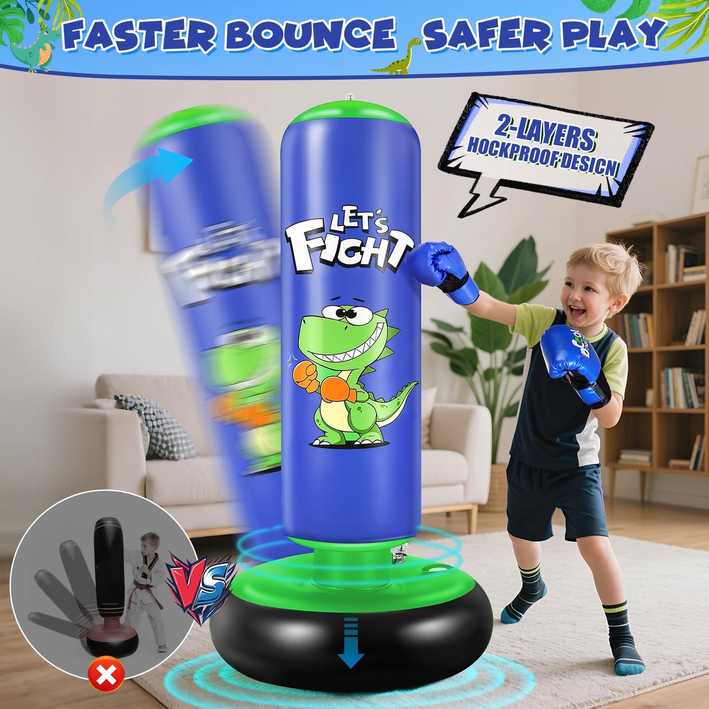 Inflatable Punching Bag, 48" Inflatable Boxing Bag for Kids with Boxing Gloves for 3-8 Kids, Stable Boxing Set for Practicing Karate, Taekwondo,Dinosaur Toy & Gifts for Boys (Blue)