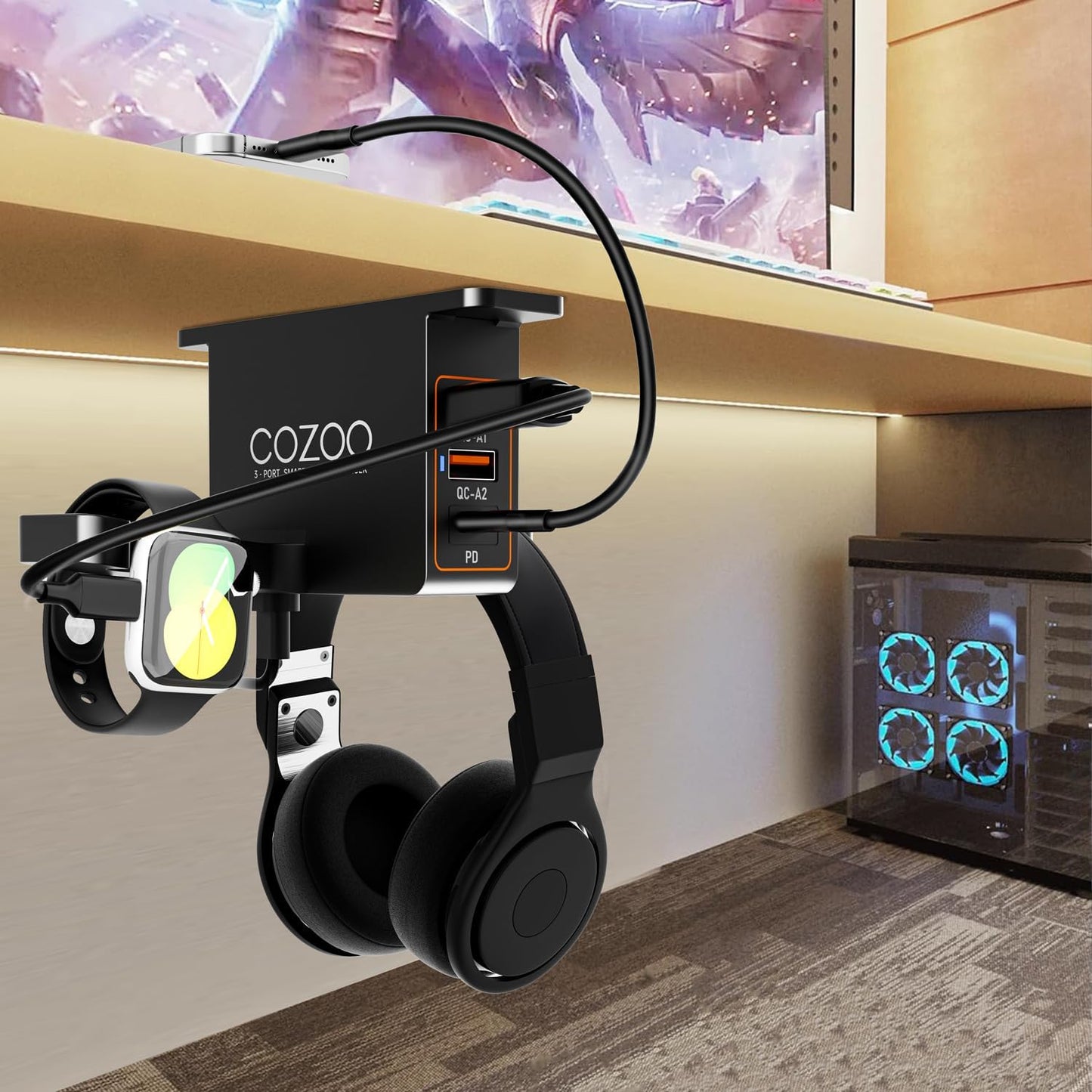 cozoo Headset 3 Headphone Stand with USB Charger Under Desk Holder Mount USB Charging Station,iWatch Stand Watch Dock