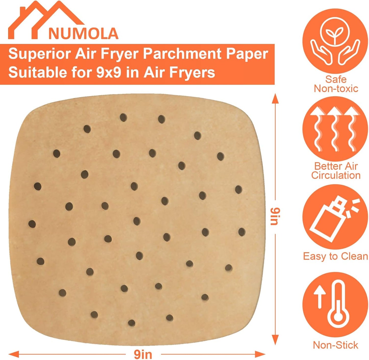 Numola 100 Pcs Air Fryer Liners - 9 Inch Perforated Parchment Paper for Non-Stick Baking & Steaming