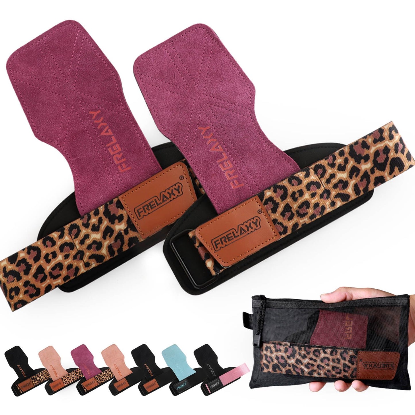 Frelaxy Lifting Wrist Straps Women and Men, Weight Lifting Grips with Cushion Wrist Loop, Double Layer Leather and Storage Pouch, Gym Workout Straps for Deadlift and Powerlifting (Purple/Leopard)