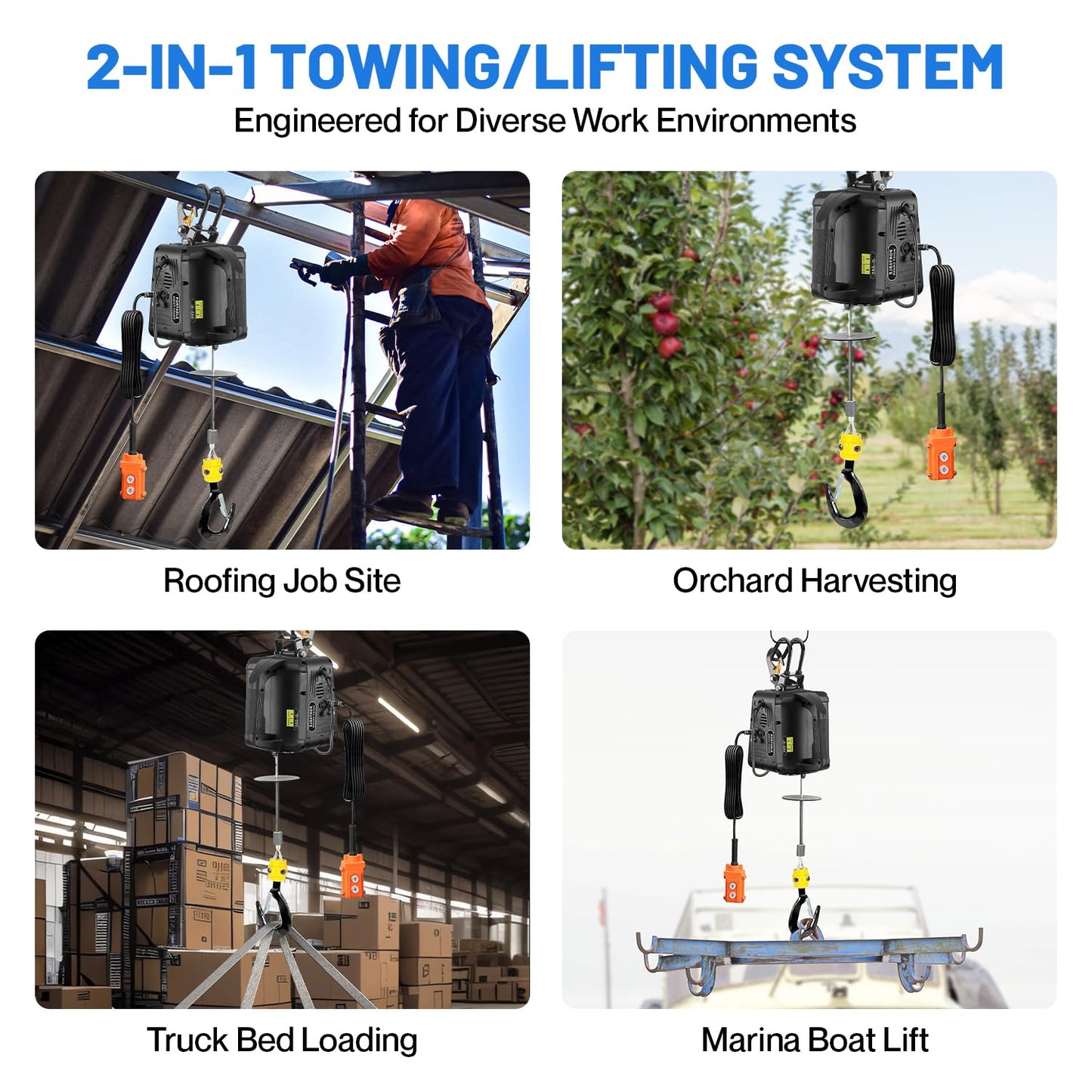 3-in-1 Electric Hoist with Remotes, 2200lb Capacity Portable Power Winch Crane 110V, 25ft Lifting Height (Black, 3-IN-1-2200LBS)