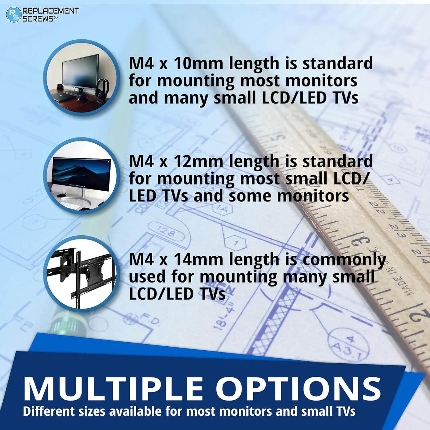 ReplacementScrews M4 10mm 75x75mm 100x100mm VESA Compatible TV/Monitor Wall Mount Screws for and Brackets. Metric
