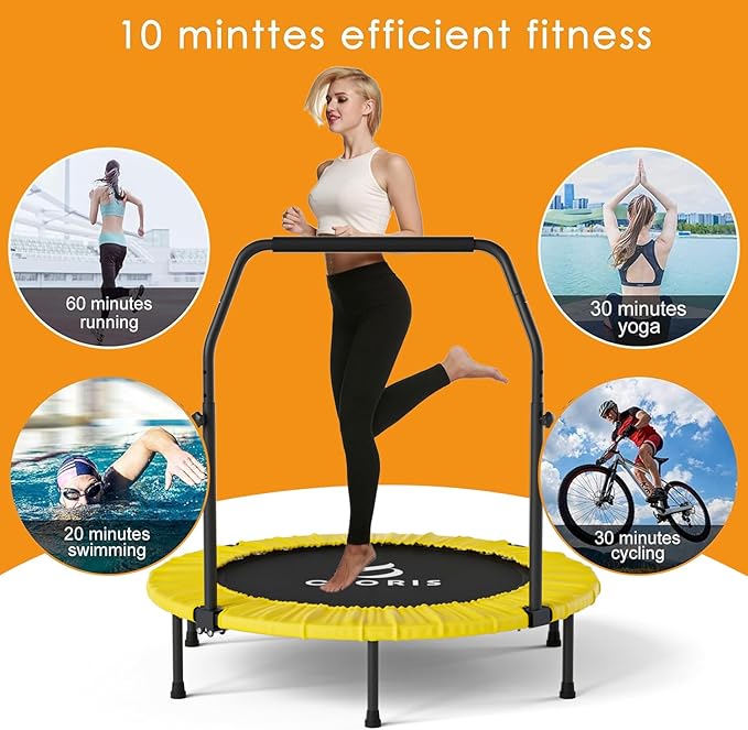CLORIS 40in Folding Trampoline Mini Trampoline Rebounder Trampoline for Adults Fitness Trampoline with Adjustable Foam Handle, with safty Padded Cover Best Gift.