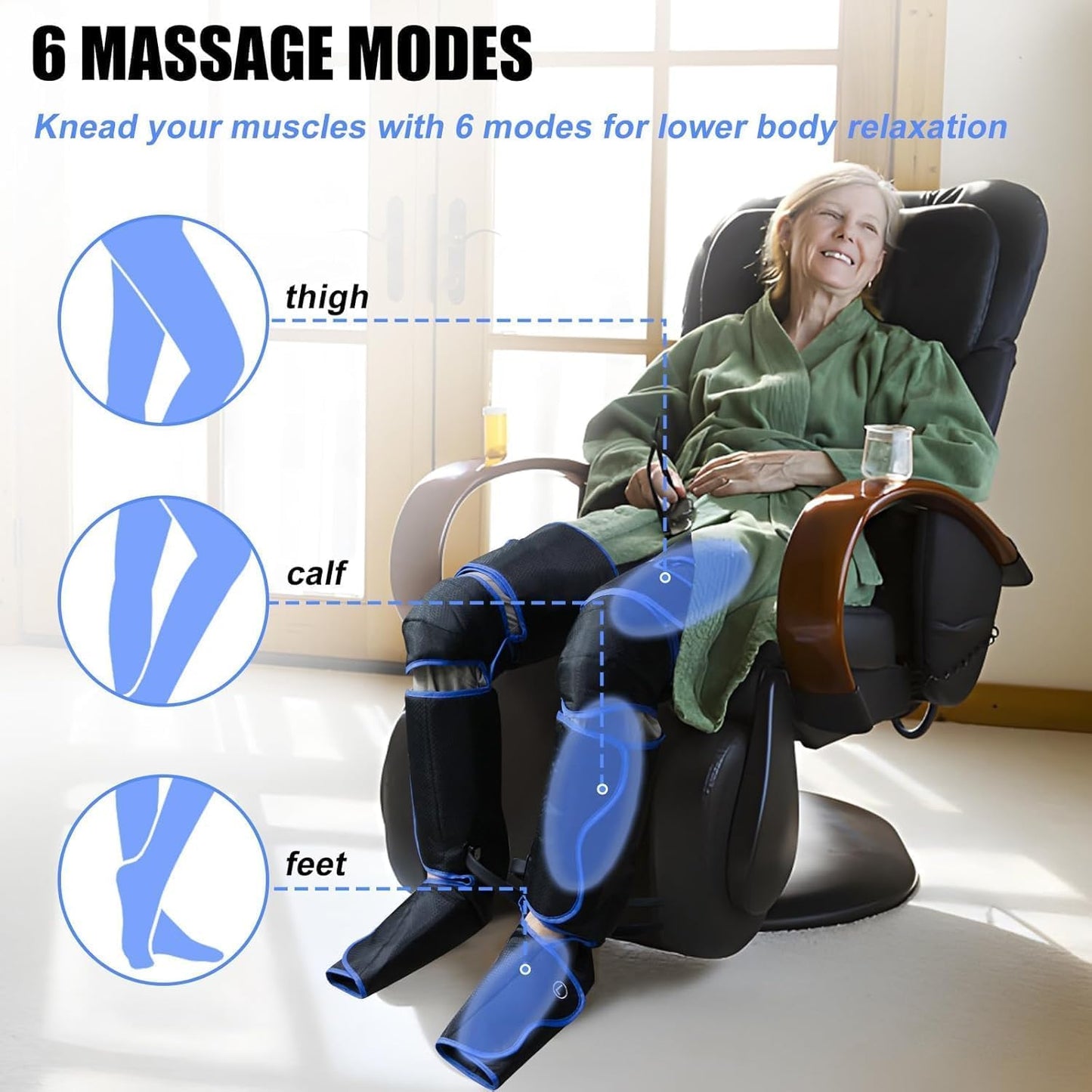 FinityPro FSA Air Compression Leg Massager for Circulation and Pain Relief, Full Leg Compression Boots with Adjustable Extension Straps for Foot Calf Thigh, 3 Modes & 20-Min Auto Shut-Off