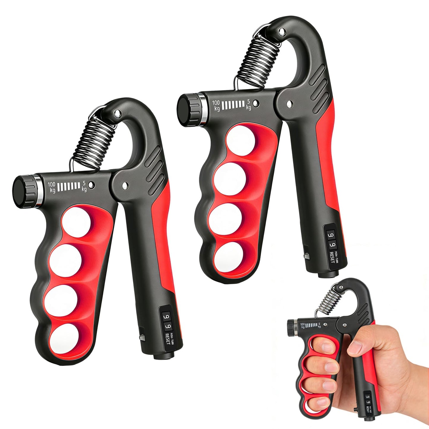 Hautrely 2PCS Hand Gripper Strengthener, 11-220LB Adjustable Resistance Grip Strength Trainer with Counter, Forearm Exerciser for Injury Recovery and Muscle Building (Red)