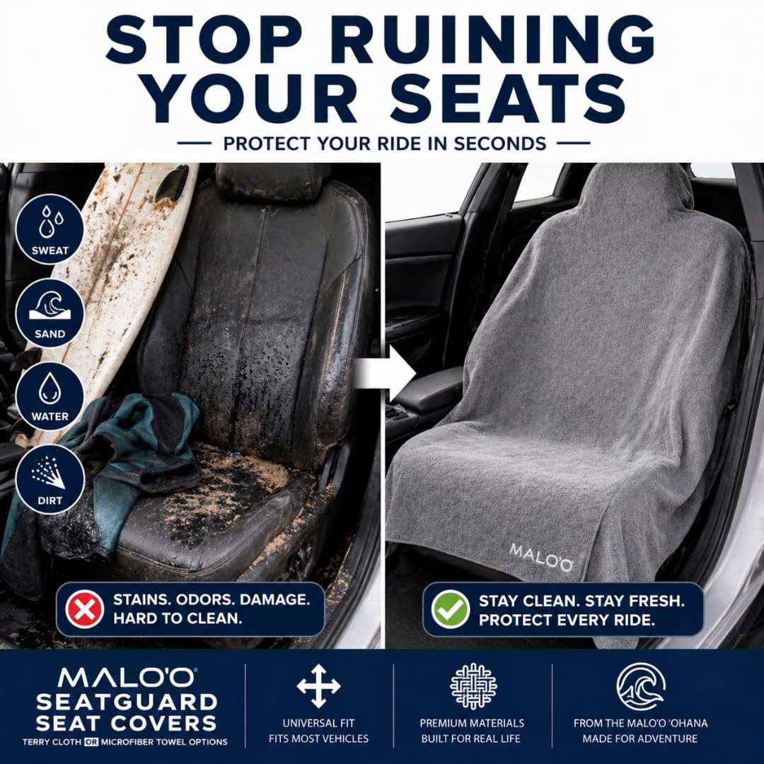 Malo’o SeatGuard Seat Cover – Microfiber Towel or Premium Terry Cloth w/Nylon Backing – Universal Car Seat Protector for Beach, Gym, Surf, Pets & Travel – Quick Dry, Machine Washable