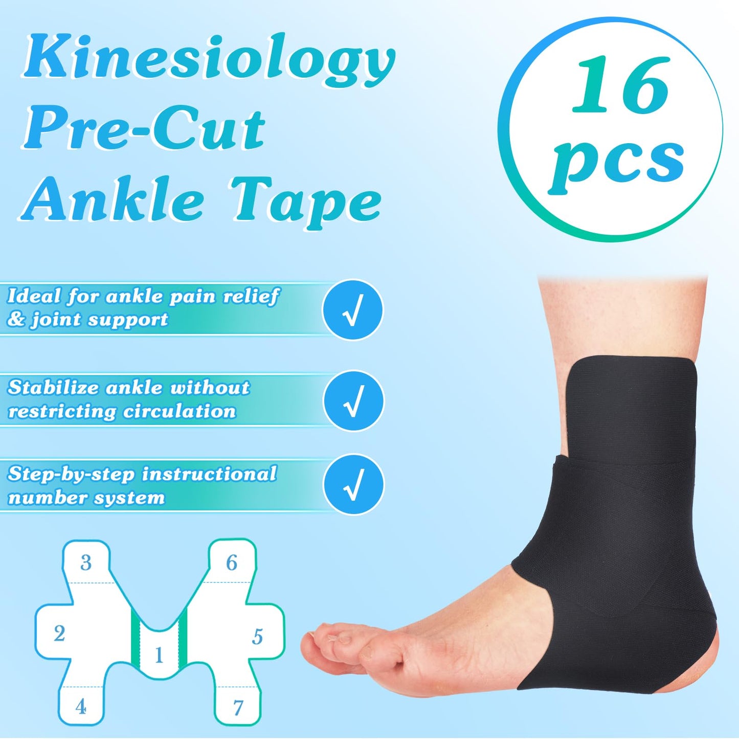 Anglechic 16 Pcs Precut Kinesiology Tape for Ankle Cotton Breathable Elastic Athletic Tape Pain Relief Minimize Ankle Sprain Provides Support and Stability for Ligament and Muscle Marathon Use(Black)