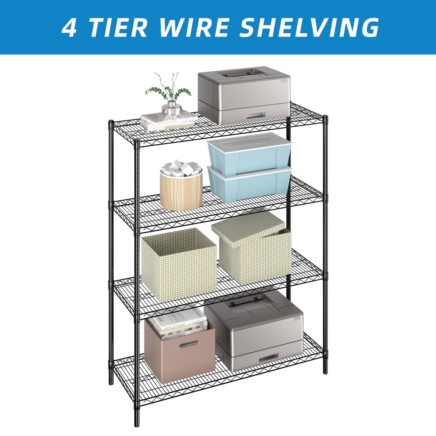 Guan River 4-Shelf Adjustable Metal Shelf Wire Shelving Unit Heavy Duty Storage Rack Display Shelf for Office,Kitchen,Bedroom,Bathroom,Laundry,Pantry Basement,Garage(Black,48" L x 18" W x 62" H)