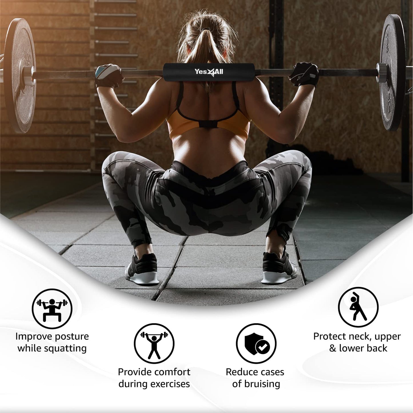 Yes4All Foam Bar Pad – Olympic Barbell Pad – Barbell Squat Pad – Barbell Neck Pad for Squats, Hip Thrusts – Weight Lifting Bar Pad (Black, Single)