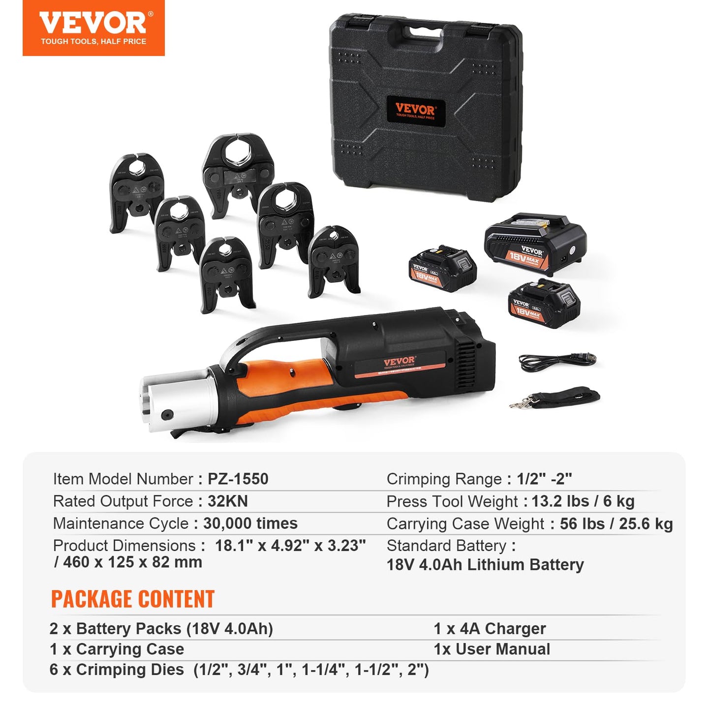 VEVOR Press Tool, 18V Electric Pipe Crimping Tool for 1/2" to 2" Copper Pipes, Press Kit with 6 VUS Jaws, 2pcs 4AH Battery, Fast Charger & Carrying Case