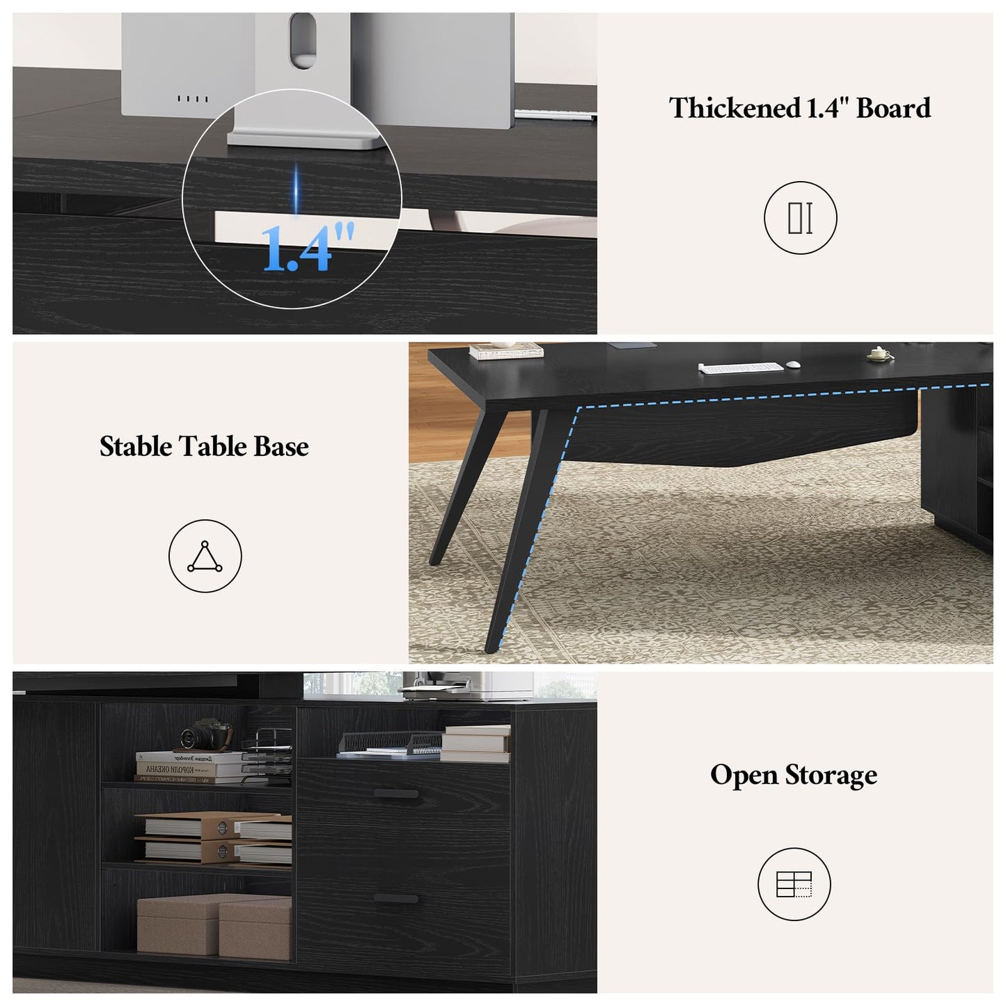 70.3 inch L Shaped Executive Desk with Power Outlets, Large Home Office Desk with Storage Drawers and File Cabinet, Modern Computer Desk with Shelves, Black Business Furniture, Square Tapered Legs