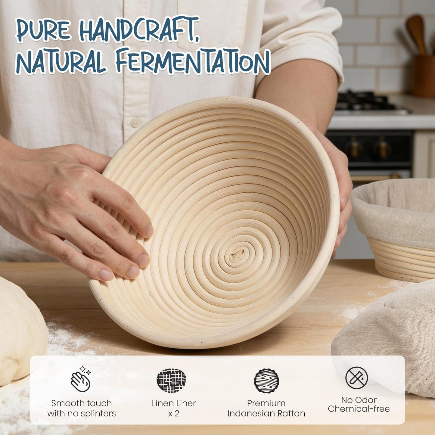 RORECAY Proofing Basket Set - 9" Round & 10" Oval Cane Baskets with Dough Whisk & Scrapers for Sourdough Baking