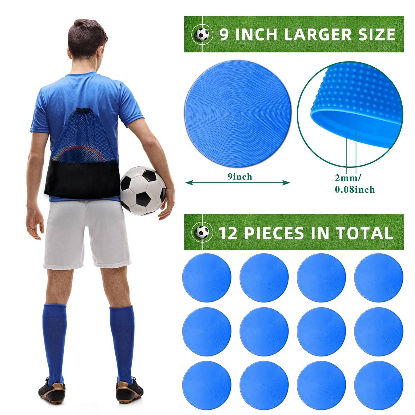 PIKZH Poly Spot Markers 9 inch 12 Pcs Non-Slip Rubber Agility Training Markers Floor Dots Flat Field Cones for Football Soccer Ball Basketball School Exercise Drills Gym Dance Practice TPE Blue