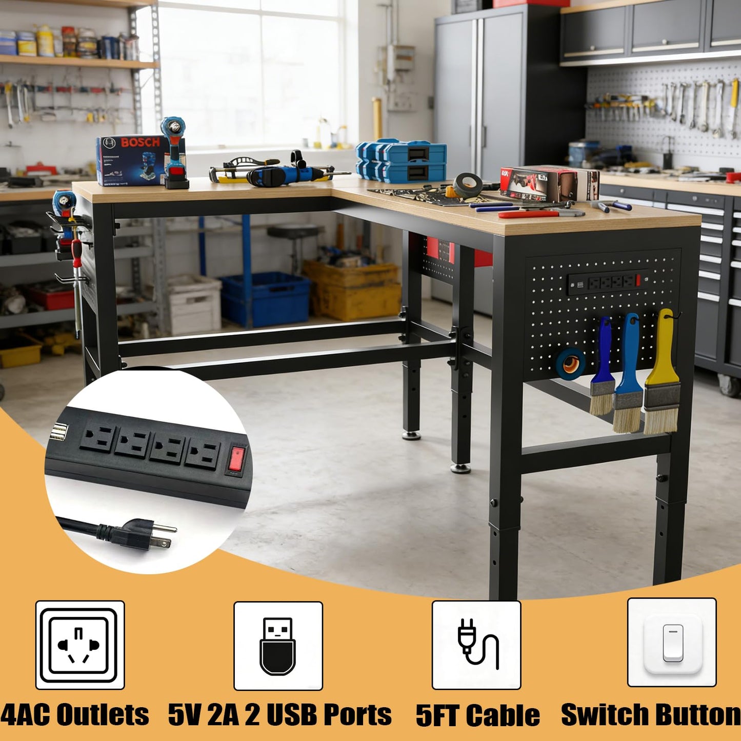 64" Heavy Duty L-Shaped Workbench with Power Outlets & Pegboard - 2000 LBS Capacity Adjustable Height Work Table for Garage, Workshop, Crafting - Matte Black & Hardwood (64"x48")