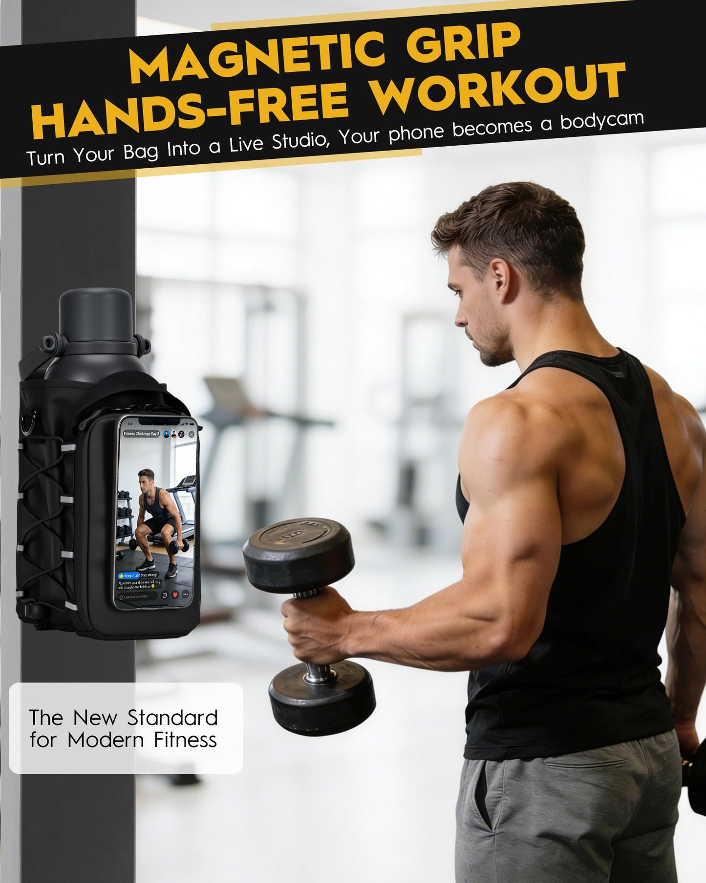 MKZ Magnetic Gym Bag for Men & Women – Strong Magnetic Phone Holder for Gym Equipment, Water Bottle Bag Crossbody with Phone Mount & Water Bottle Holder, Ideal for Workout, Running, Hiking, Travel