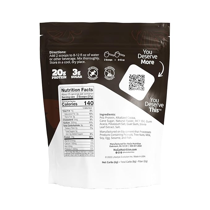 NuGo Plant Protein Powder, Chocolate, 20g Vegan Pea Protein, Low Sugar, Gluten Free, Dairy Free Ingredients, Soy Free, Non-GMO, Plant Based, Kosher, For Smoothies & Shakes, 25 Servings