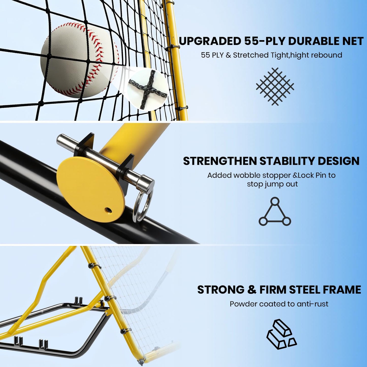 Baseball Rebounder Net,4x4.5FT Multi-Sport Pitch Back Rebounder Steel Frame with 4 Adjustable Angles, 40pcs Bungees Soccer, Volleyball&Lacrosse Trainer for Solo Fielding (Yellow)