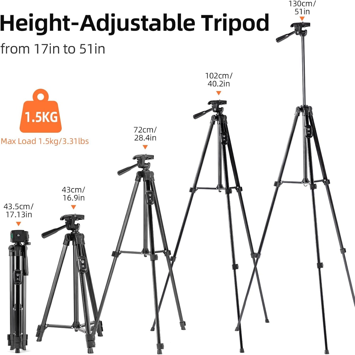 Fotopro 51'' 3-Way Camera Tripod, Lightweight Portable Travel Tripods for Camera and Phone with Head Remote Control