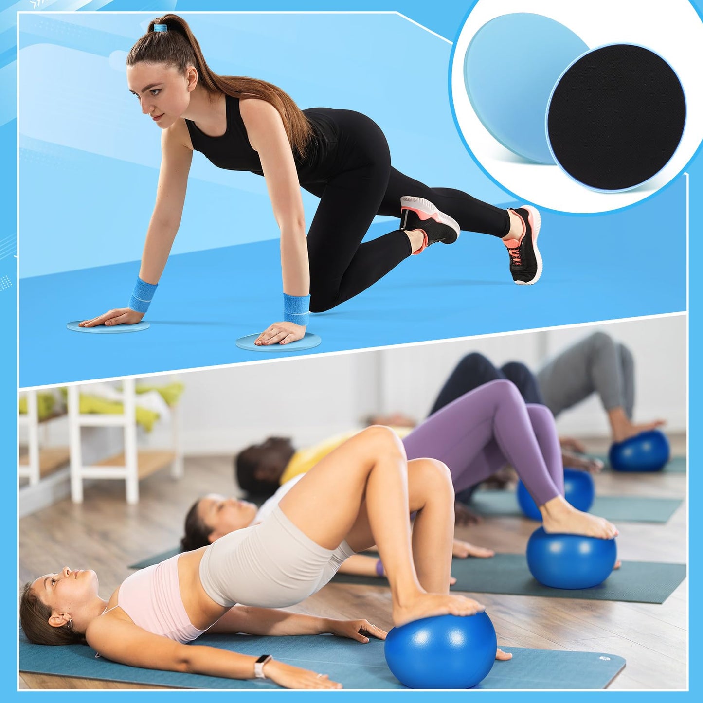Poen 18 Pcs Home Pilates Ball and Ring Circle Set Yoga Fitness Essentials Kit with 5 Resistance Band Stretching Strap Non Slip Sock Ball Core Slider Wristband Headband Gym Bag for Women(Blue)