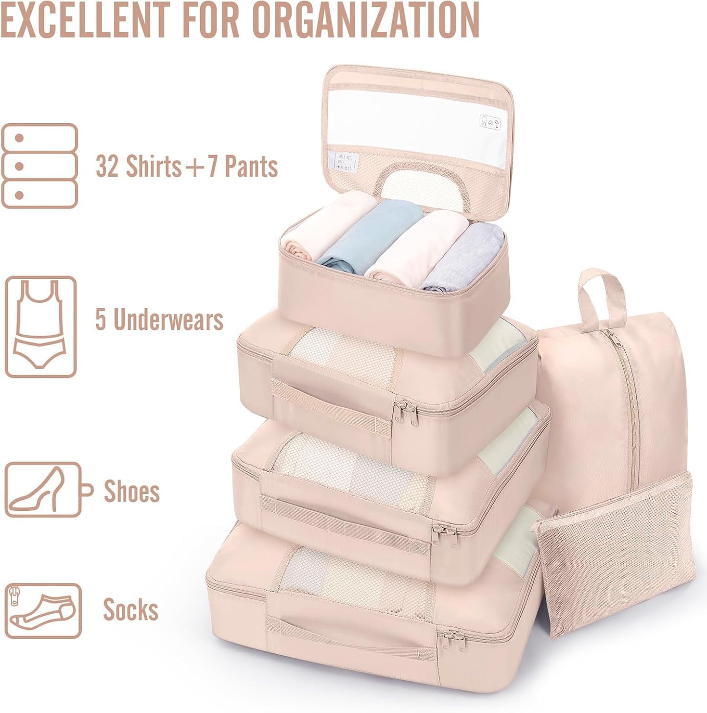Veken Packing Cubes Set - Essential Travel Organizers for Beach Vacations | Includes Hanging Toiletry Bag