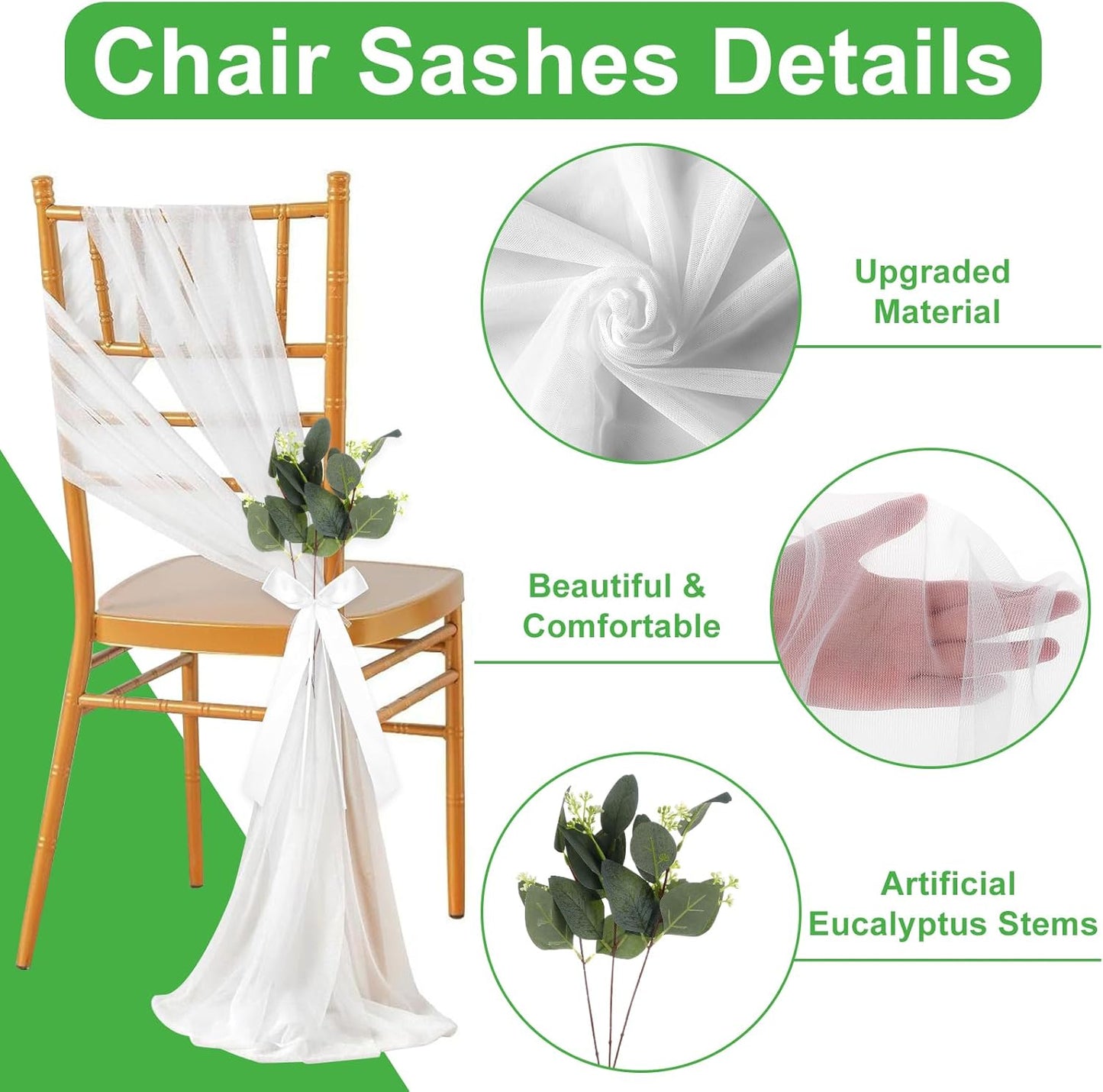 Regine Switzerland Wedding Aisle Decorations - 24 Sets of Elegant White Ribbon Bows with Eucalyptus Stems for Ceremony and Chair Sashes