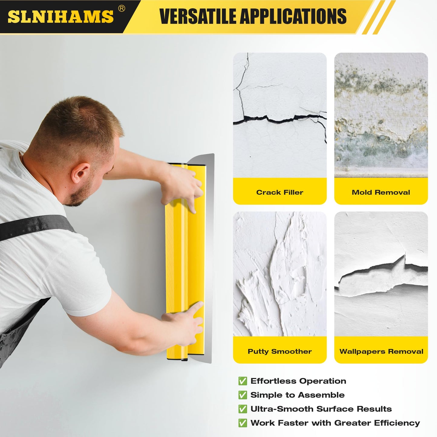 SLNIHAMS Drywall Skimming Blade Set with Replaceable Blades – 5 Stainless Steel Blades (16"-32"), 29"-47" Telescoping Handle & Grip Adapter – Professional Wall Finishing Tools for Smooth Coating