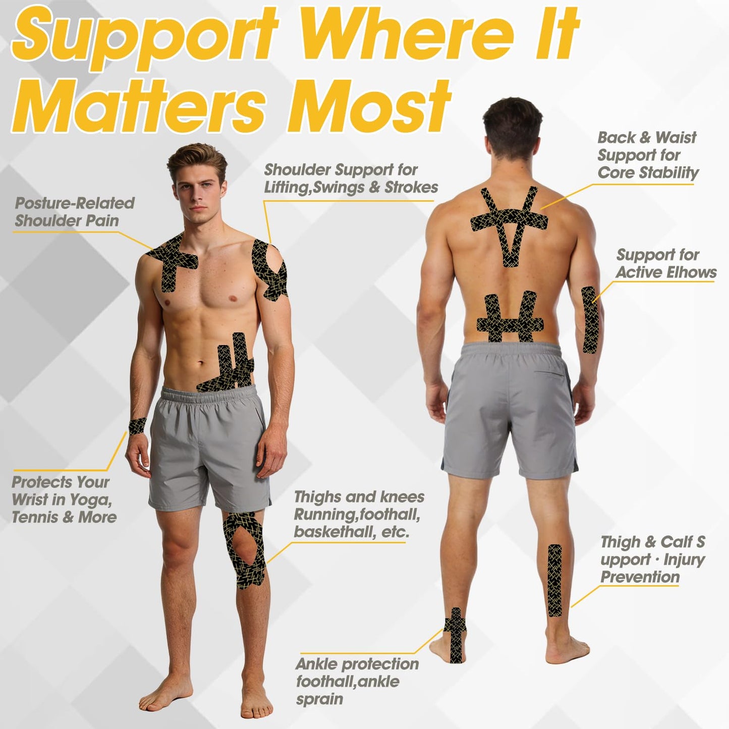 Kinesiology Tape, Premium Precut 2 Roll Pack Flexible & Breathable Athletic Tape for Shoulder, Knee and Ankle, Elastic K Tape for Sport & Weightlifting, Muscle Strain Relief & Joint Support - Black