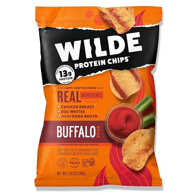 WILDE Buffalo Protein Chips, Thin and Crispy, High Protein, Keto Friendly, Made with Real Ingredients, 1.34oz Bags (Pack of 8)