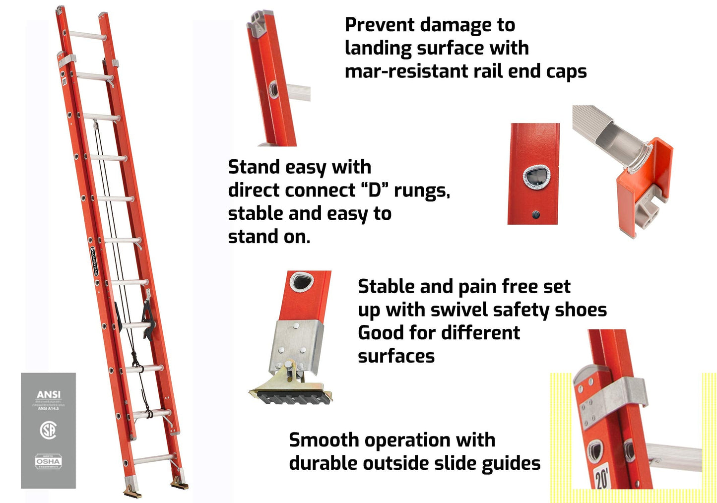 Louisville Ladder FE3216 Fiberglass Extension Ladder 300-Pound Capacity, 16-Foot, Type IA, Orange & LP-2200-00 Stabilizer, Silver