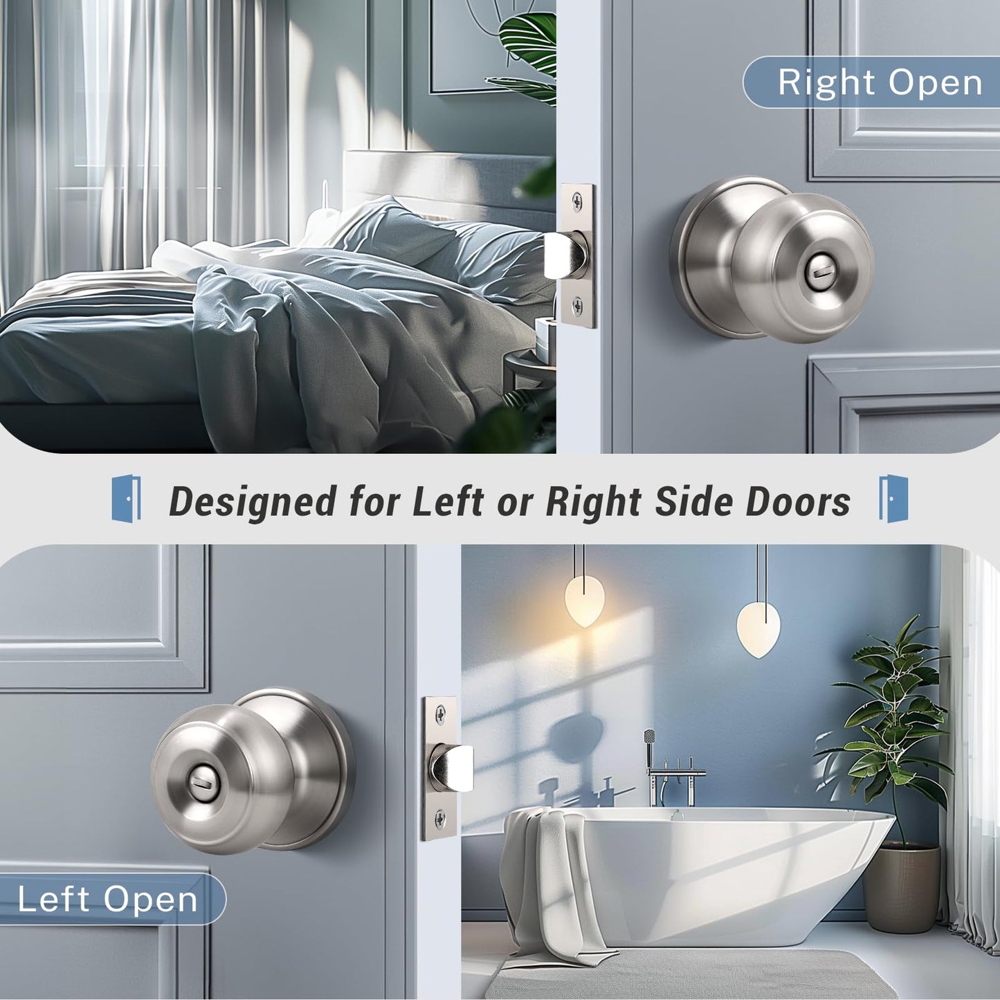 KNOBWELL Privacy Door Knob with Lock in Brushed Nickel Finish for Bedroom and Bathroom, Indoor Security Door Handle with Privacy Lock, Satin Nickel Interior Door Knobs