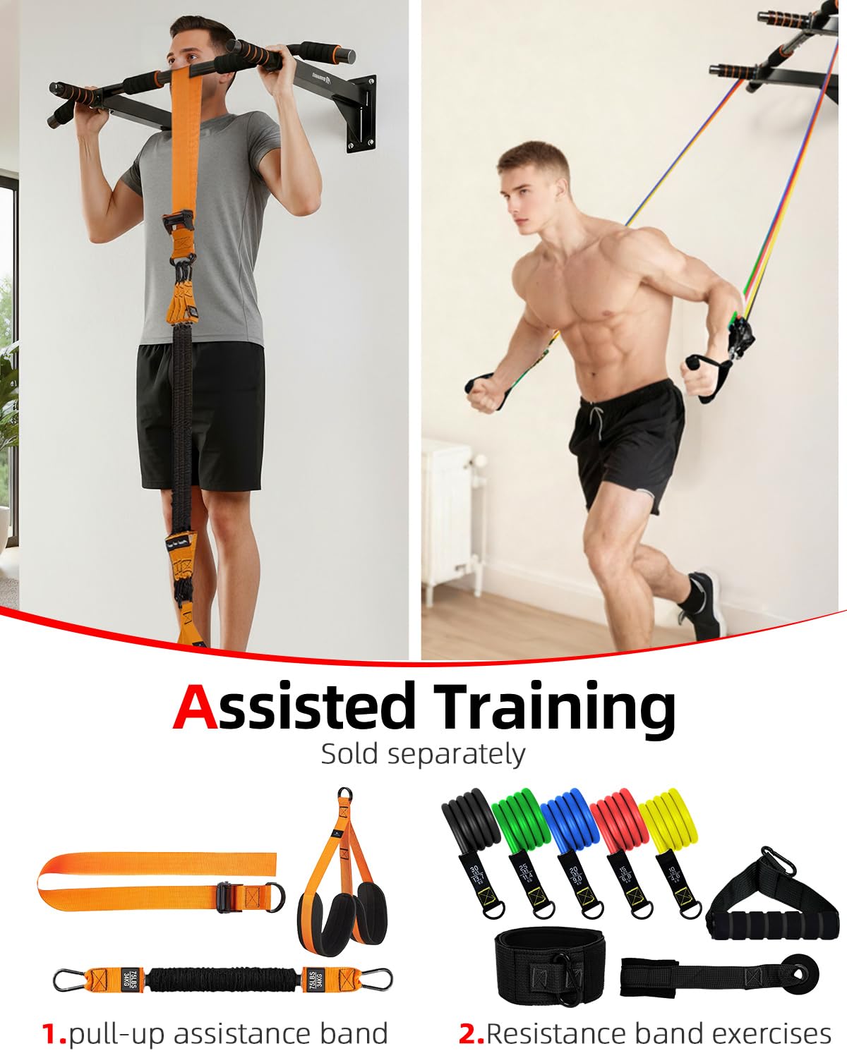 Abahub Wall Mounted Pull Up Bar, Multi-Grip Chin-Up Bar for Home Gym Workout, Drill-installed, Heavy-Duty & Stable Training Bar with 440lbs Capacity, Black-Orange
