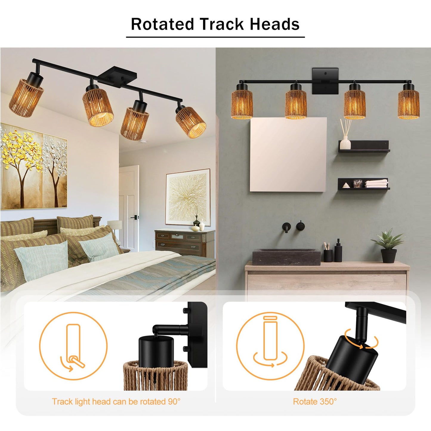 BoostArea 4 Light Track Lighting Kit, 4 Way Ceiling Spot Lighting with Handwoven Hemp Rope Lampshade, Flexibly Rotatable Light Head for Kitchen, Living Room, Bedroom, Bulb Not Included