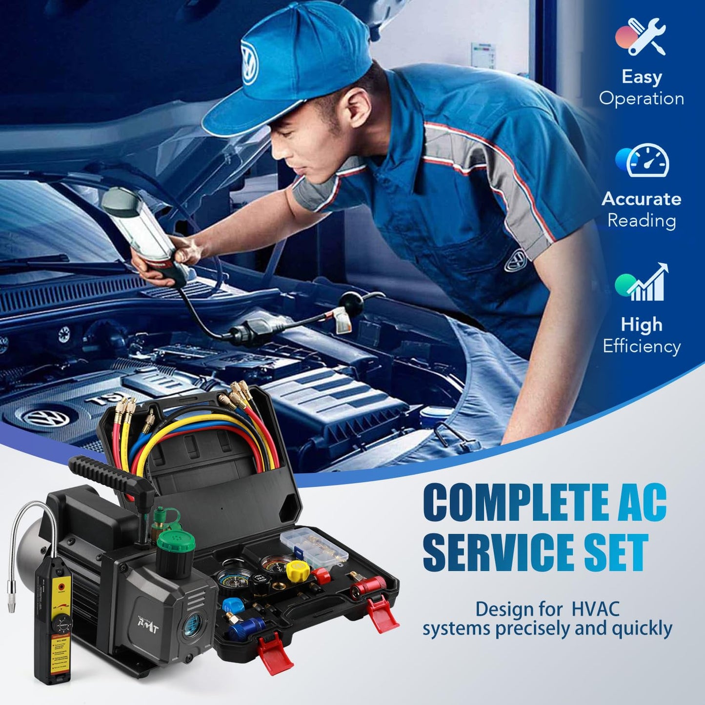 PB Motor TECH 4.5CFM 1/3HP Vacuum Pump with 4-Way AC Manifold Gauge Set for R134a R22 R410a - Includes Leak Detector, Puncture Can Tap, and More