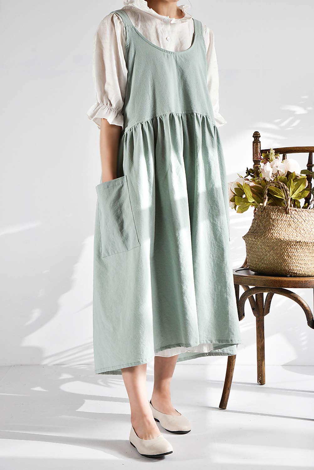 NEWGEM Cotton Linen Cross Back Apron for Women with Pockets for Cooking Gardening Turquoise without Waist Ties