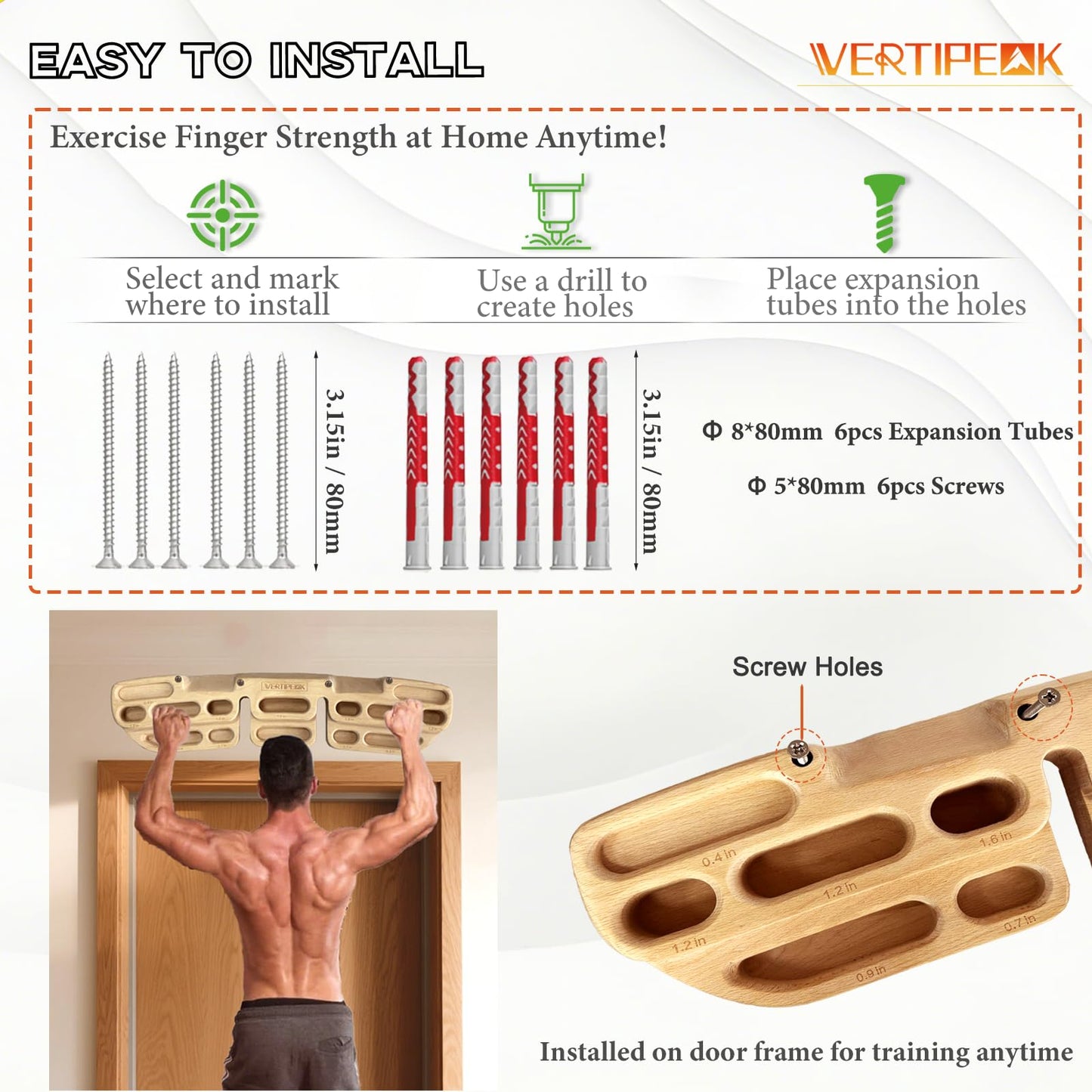 VERTIPEAK Wooden Climbing Hangboard with 2 Angle Slopes (15° & 45°) & 5 Depths Pockets, Rock Climbing Board for Finger Strength, Hanging Practice, Grip Endurance and Pull-up Training Indoor