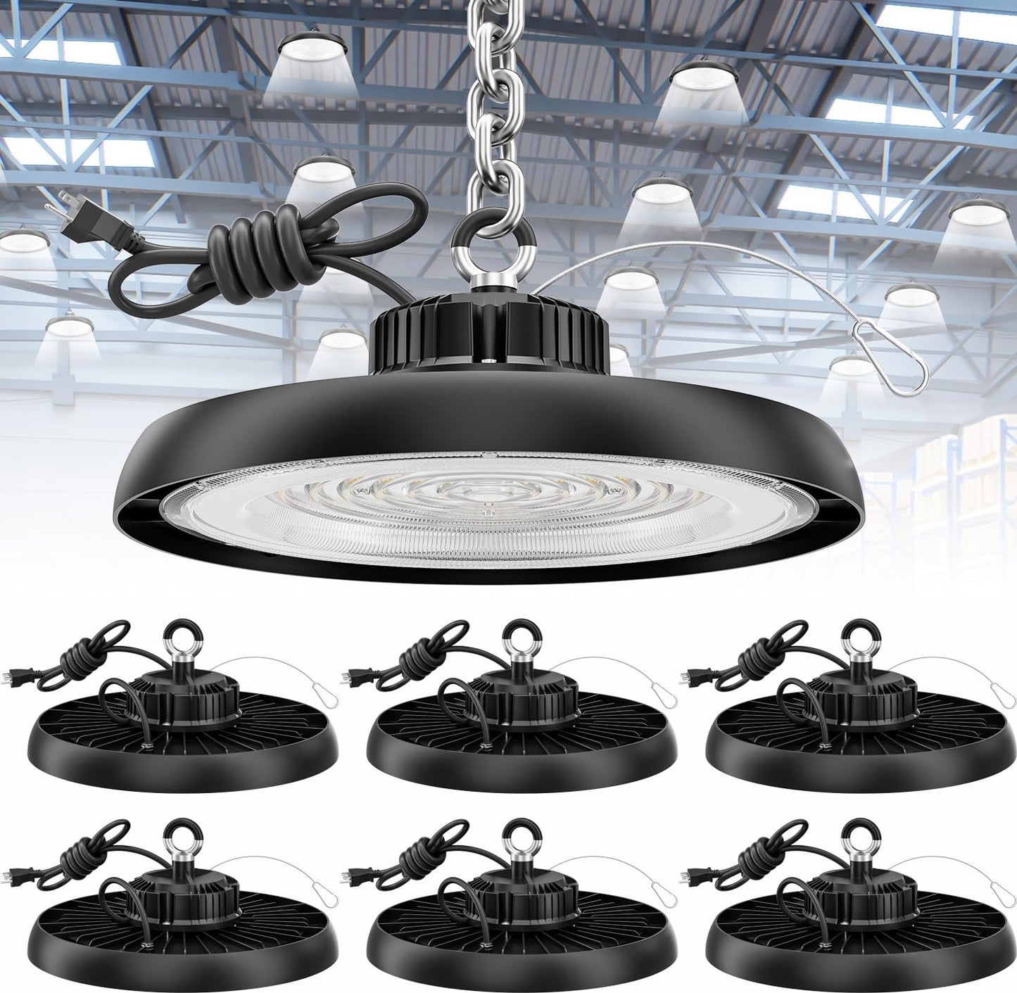YAHOLUMIN 6Pack 200W UFO LED High Bay Lights, Ultra Bright 30000LM 5000K Daylight High Bay LED Shop Lights for Warehouse Workshop Garage with US Plug & Safety Rope Commercial Bay Lighting