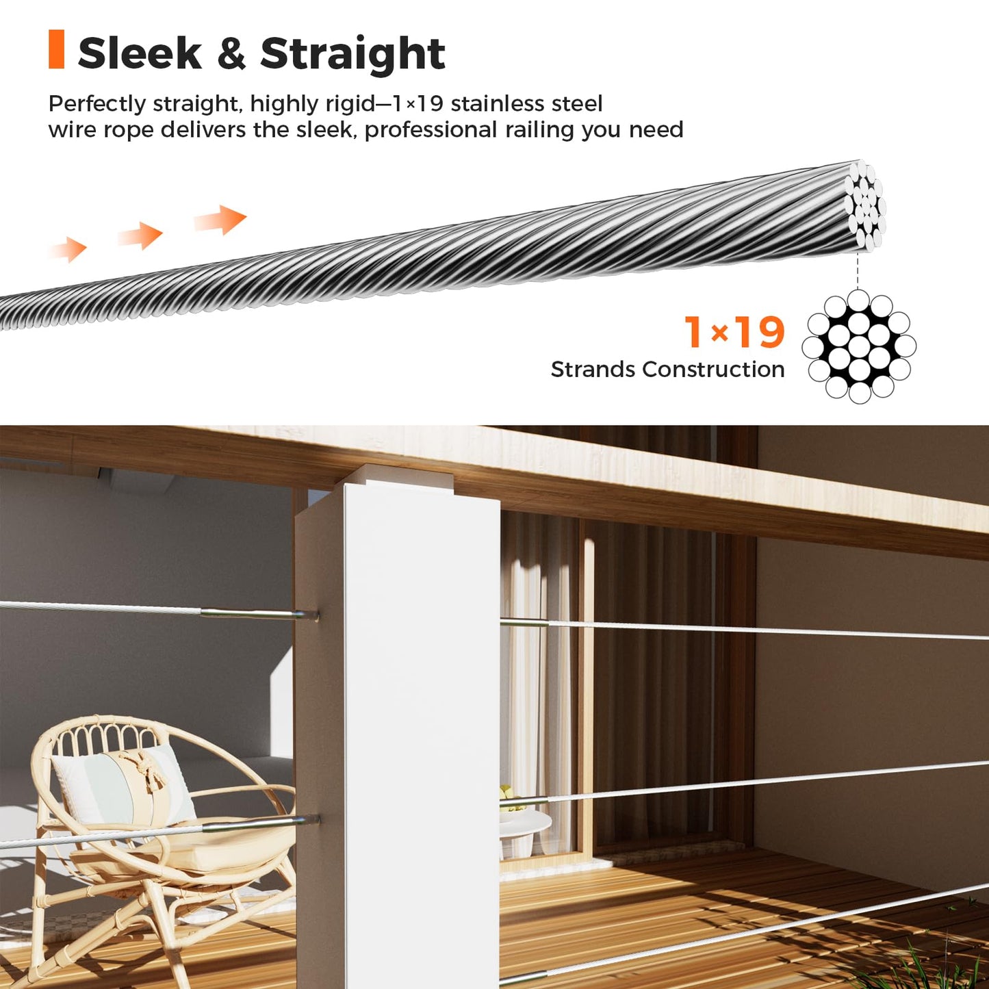 WAYSKA 1/8" Stainless Steel Cable 1000FT, T316 Marine-Grade Wire Rope Aircraft Cable with a Cutter for Deck Railings, Stair Porch Fence, Balusters, 1 x 19 Strands Construction