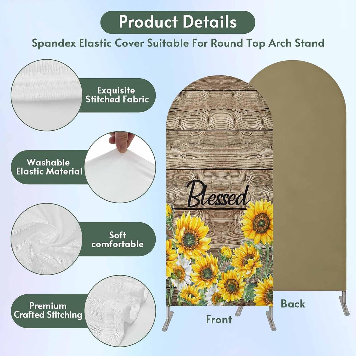 Jnbasdffb 7.2 Country Yellow Sunflowers Wedding Arch Cover,Stretchy Spandex Arch Backdrop Stand Covers FT,Vintage Wood